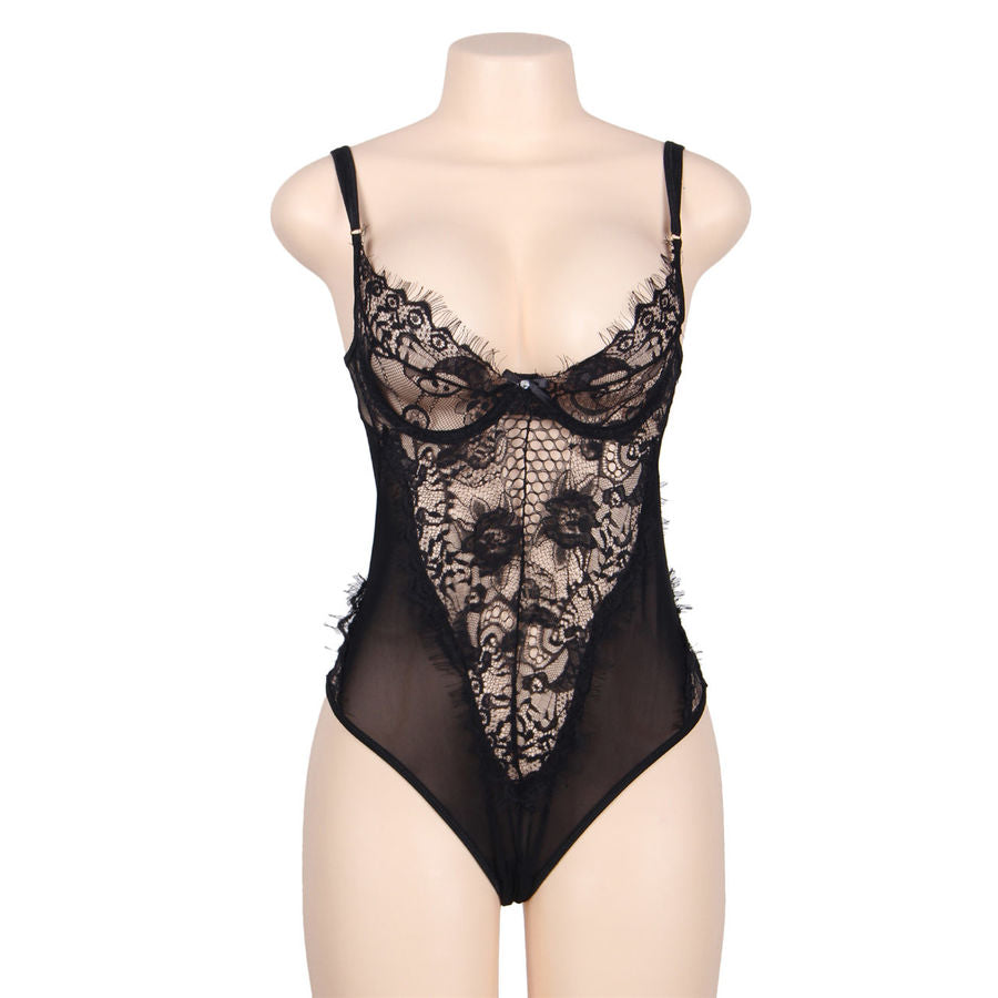 SUBBLIME Queen Plus svart teddy med blommig spets