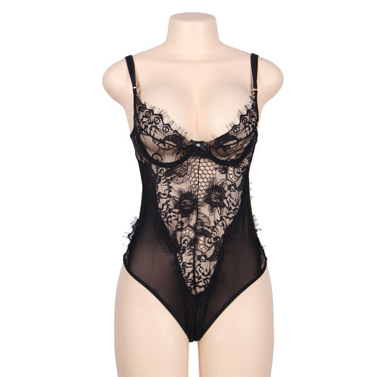 SUBBLIME Queen Plus svart teddy med blommig spets