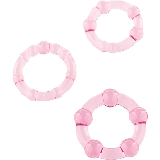 Set med tre rosa penisringar i silikon