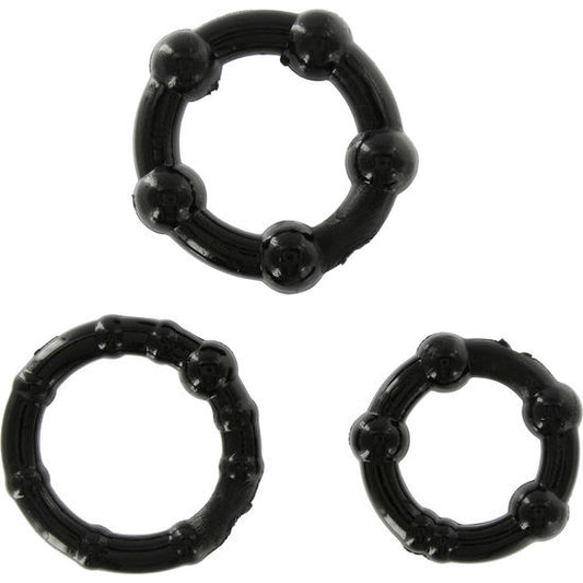 Set med tre svarta penisringar i silikon
