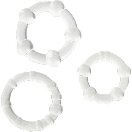 Set med tre transparenta penisringar i silikon