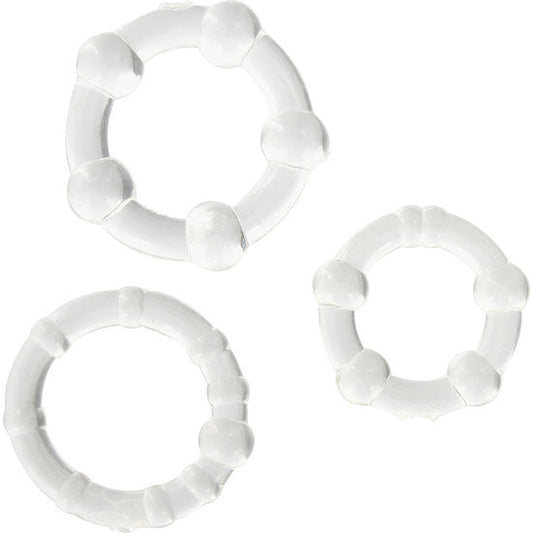Set med tre transparenta penisringar i silikon