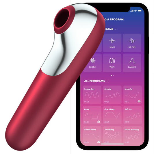 Satisfyer Dual Love vibrator och suctioner med pulserande luft i röd färg