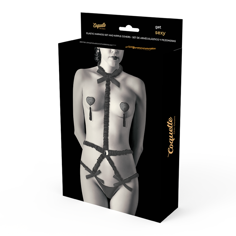 COQUETTE CHIC DESIRE - ELASTISKT HARNESSSET OCH NIPPLE COVERS SVART