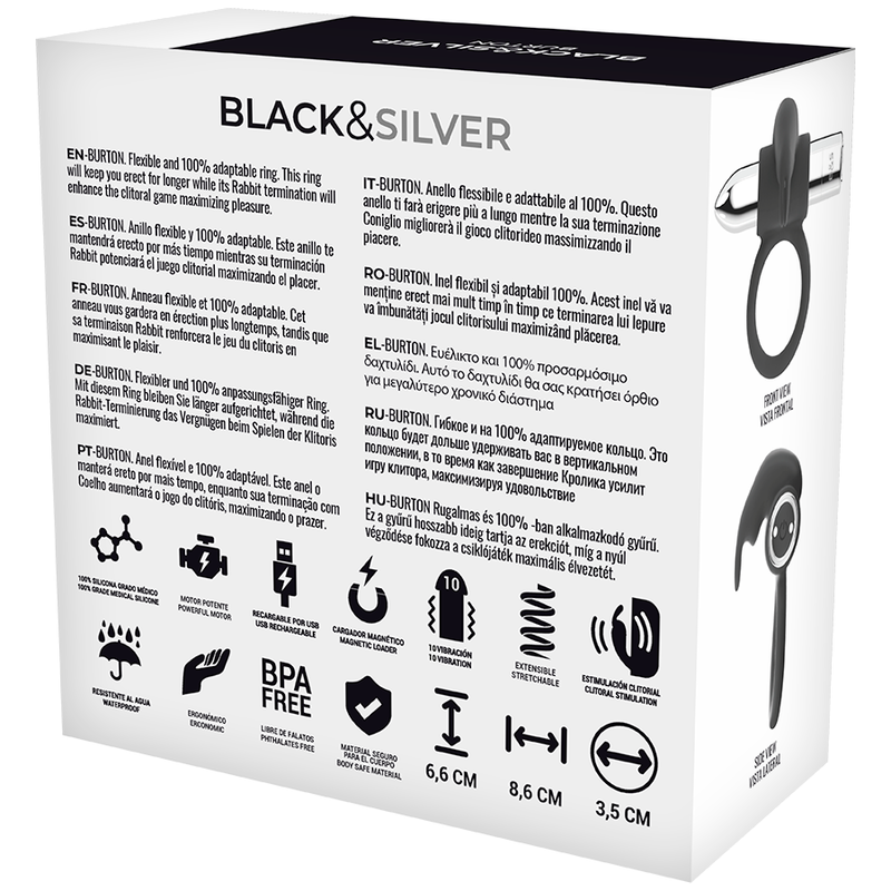 BLACK&SILVER - BURTON ÅTERLADDNINGSBAR RING 10 VIBRATIONSÄTT