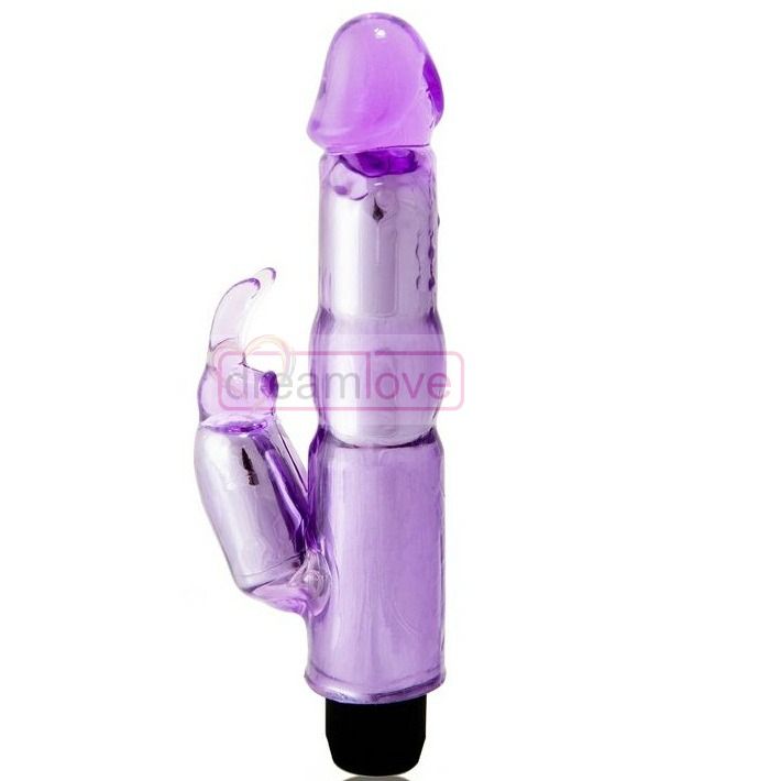 Gele vibrator med klitorisstimulator i lila