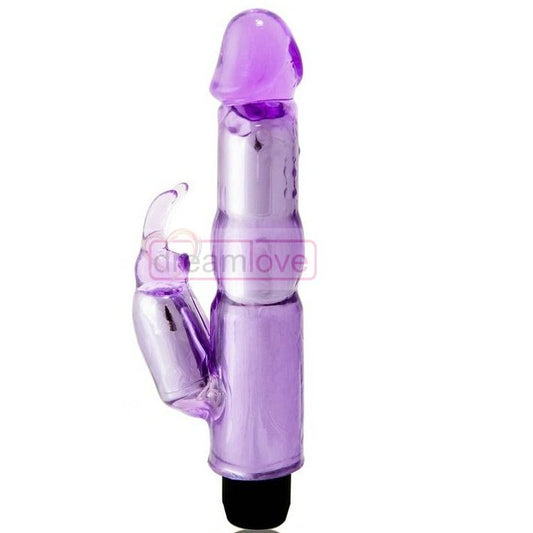Gele vibrator med klitorisstimulator i lila